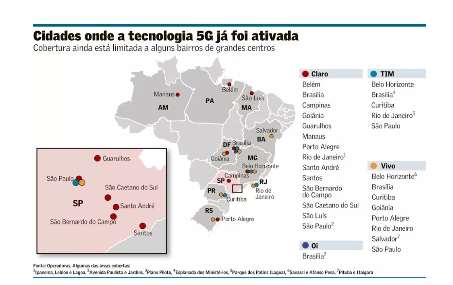 imagem representando o mapa do brasil e as cidades, respondendo a pergunta: o 5g chegou onde eu moro ?