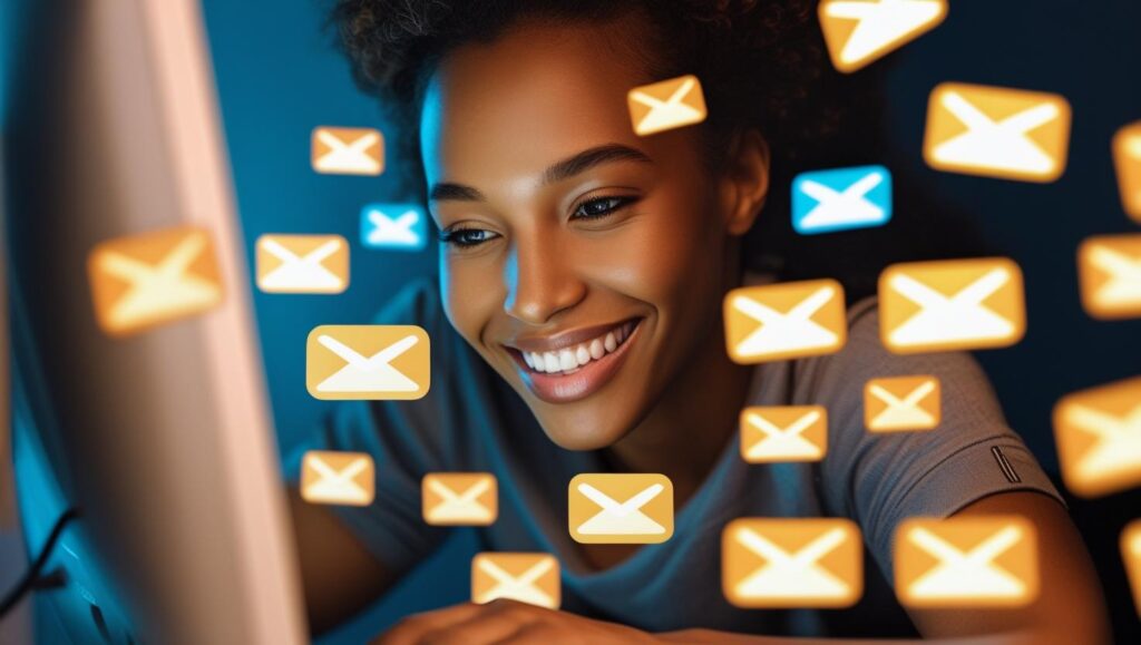 pessoa feliz em usar IA para responder emails