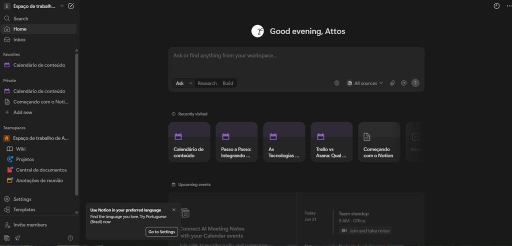 Dashboard de um planner digital