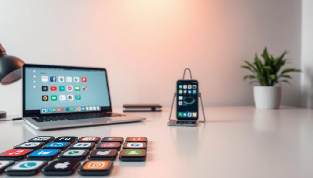 A modern, minimalist workspace with a clean, organized desk featuring a laptop, smartphone, and various productivity apps visible on their screens. The foreground showcases an array of stylized app icons, representing a range of free organizational tools. The middle ground depicts a serene, pastel-hued background, creating a calming and focused atmosphere. Soft, diffused lighting from above casts a warm glow, emphasizing the workspace's efficiency and tranquility. The overall scene conveys the benefits of using free apps to streamline one's daily tasks and achieve a sense of order and control. A modern, minimalist workspace with a clean, organized desk featuring a laptop, smartphone, and various productivity apps visible on their screens. The foreground showcases an array of stylized app icons, representing a range of free organizational tools. The middle ground depicts a serene, pastel-hued background, creating a calming and focused atmosphere. Soft, diffused lighting from above casts a warm glow, emphasizing the workspace's efficiency and tranquility. The overall scene conveys the benefits of using free apps to streamline one's daily tasks and achieve a sense of order and control.