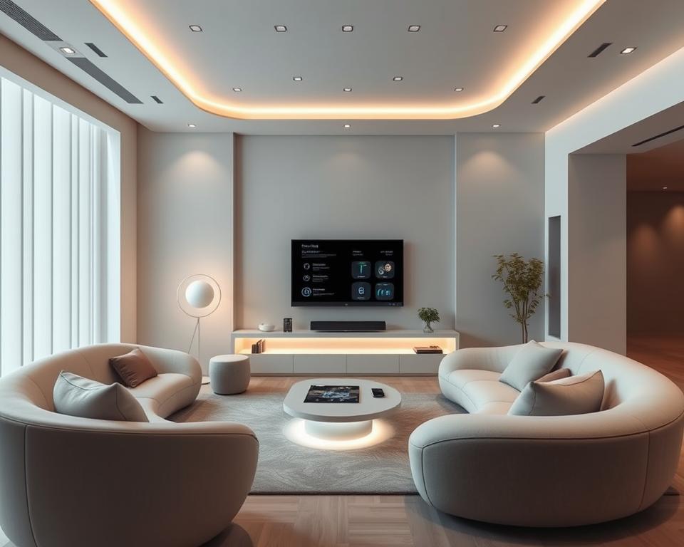 A sleek, minimalist living room in 2025, filled with an array of discrete yet powerful smart home devices. A central touchscreen panel commands a network of automated lighting, climate control, and security systems. Discreet sensors and cameras blend seamlessly into the decor, ready to respond to voice prompts and smartphone controls. Smooth, curved surfaces in muted tones create a calming, futuristic ambiance, while strategic backlighting casts a warm glow over the space. Clean lines and an uncluttered aesthetic convey the effortless convenience of this advanced, automated home. A sleek, minimalist living room in 2025, filled with an array of discrete yet powerful smart home devices. A central touchscreen panel commands a network of automated lighting, climate control, and security systems. Discreet sensors and cameras blend seamlessly into the decor, ready to respond to voice prompts and smartphone controls. Smooth, curved surfaces in muted tones create a calming, futuristic ambiance, while strategic backlighting casts a warm glow over the space. Clean lines and an uncluttered aesthetic convey the effortless convenience of this advanced, automated home.