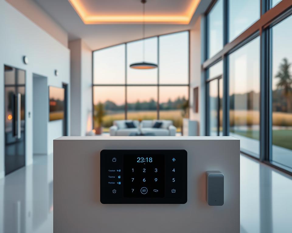 A sleek, minimalist smart home interior with cutting-edge security devices. In the foreground, a state-of-the-art voice-controlled security panel blends seamlessly into the white walls. Discreet motion sensors and hidden cameras monitor the environment, while smart locks and video doorbells protect the entryways. The middle ground features smart lighting, thermostats, and appliances, all connected and automated for convenience. The background showcases large windows overlooking a serene, modern landscape, bathed in warm, natural lighting. The overall atmosphere exudes a sense of safety, efficiency, and technological sophistication. A sleek, minimalist smart home interior with cutting-edge security devices. In the foreground, a state-of-the-art voice-controlled security panel blends seamlessly into the white walls. Discreet motion sensors and hidden cameras monitor the environment, while smart locks and video doorbells protect the entryways. The middle ground features smart lighting, thermostats, and appliances, all connected and automated for convenience. The background showcases large windows overlooking a serene, modern landscape, bathed in warm, natural lighting. The overall atmosphere exudes a sense of safety, efficiency, and technological sophistication.