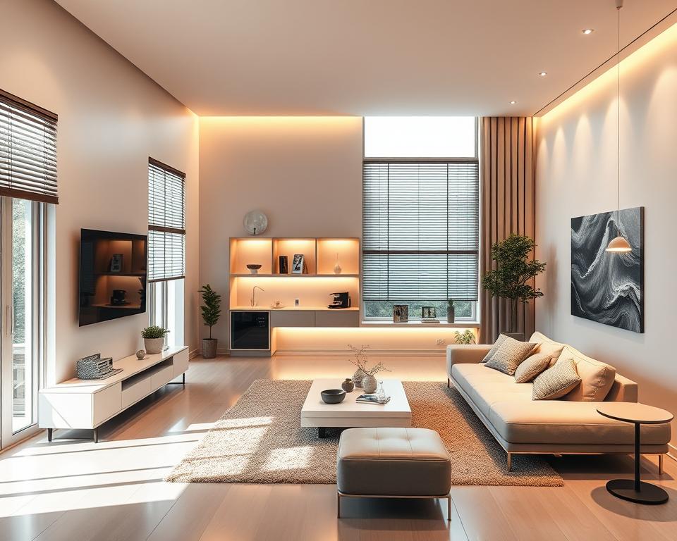 A sleek, modern home interior in 2025, filled with an array of cutting-edge smart home devices seamlessly integrated through the Internet of Things. The scene depicts a well-lit living room with minimalist furniture, large windows, and a state-of-the-art voice-controlled home automation system. Ambient lighting, adjustable blinds, and smart appliances respond to seamless voice commands, creating a harmonious, efficient, and effortlessly convenient living environment. The image conveys the technological advancements and intuitive automation that define the future of residential living. A sleek, modern home interior in 2025, filled with an array of cutting-edge smart home devices seamlessly integrated through the Internet of Things. The scene depicts a well-lit living room with minimalist furniture, large windows, and a state-of-the-art voice-controlled home automation system. Ambient lighting, adjustable blinds, and smart appliances respond to seamless voice commands, creating a harmonious, efficient, and effortlessly convenient living environment. The image conveys the technological advancements and intuitive automation that define the future of residential living.