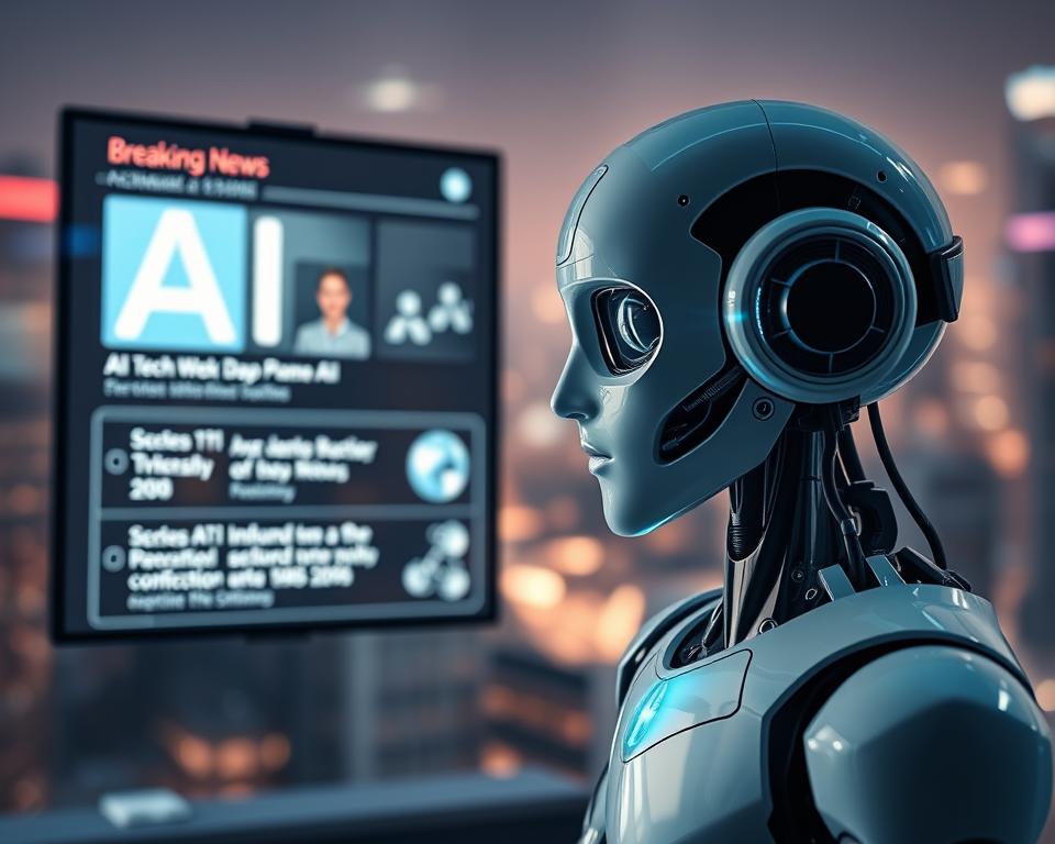 A state-of-the-art AI robot stands before a large digital screen, its mechanical eyes intently focused on the latest breaking news and tech updates displayed in sleek, minimalist graphics. The scene is bathed in a soft, ambient glow, creating a contemplative atmosphere as the robot processes the week's AI advancements. The background is a blurred, futuristic cityscape, hinting at the rapid pace of technological innovation. The robot's pose conveys a sense of curiosity and intellectual engagement, mirroring the subject's focus on the evolving world of artificial intelligence. A state-of-the-art AI robot stands before a large digital screen, its mechanical eyes intently focused on the latest breaking news and tech updates displayed in sleek, minimalist graphics. The scene is bathed in a soft, ambient glow, creating a contemplative atmosphere as the robot processes the week's AI advancements. The background is a blurred, futuristic cityscape, hinting at the rapid pace of technological innovation. The robot's pose conveys a sense of curiosity and intellectual engagement, mirroring the subject's focus on the evolving world of artificial intelligence.
