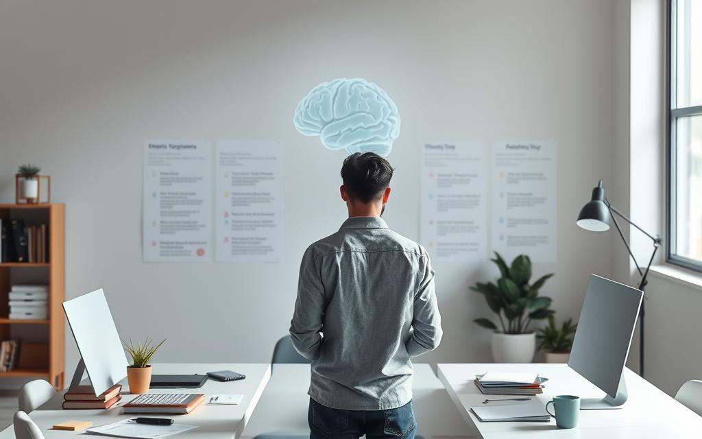Focused individual stands amidst a serene workspace, utilizing Upgrade Cerebral's scientific planning tools to visually map out strategies for overcoming procrastination. Soft lighting illuminates the scene, highlighting the person's intense concentration as they meticulously organize their thoughts. In the background, a subtle visualization of the human brain serves as a symbolic representation of the cognitive processes at work. The overall atmosphere conveys a sense of purposeful productivity, reflecting the central theme of the "Estratégias Baseadas em Psicologia Cognitiva" section.