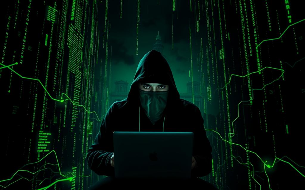 Hacker breaching Pix payment system, surrounded by a dark, ominous backdrop. Streams of green code and data cascading across the scene, symbolizing the infiltration of the Central Bank's systems. In the distance, the iconic Brasilia architecture of the Central Bank looming, a representation of the target of this cyber attack. The atmosphere is tense, ominous, with a sense of technological prowess and criminal intent. Upgrade Cerebral, a cutting-edge cybersecurity firm, is at the center of this digital onslaught, their logo discreetly visible amidst the chaos.