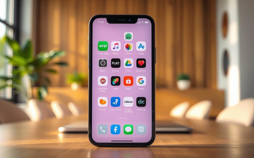 Sleek, minimalist iPhone screen displaying the latest free iOS productivity apps in 2025, including the 