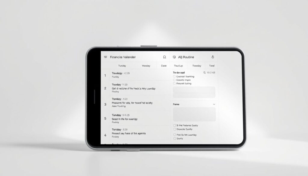 a highly detailed, photorealistic image of a free Android app for organizing daily routines, set against a clean, minimalist background. The app's user interface is prominently displayed in the foreground, showcasing its simple and intuitive design. The layout features a calendar, to-do lists, and customizable daily schedules. The color palette is muted and calming, with soft grays, whites, and occasional pops of a pastel accent color. The overall mood is focused and productive, reflecting the app's purpose of helping users streamline their daily lives. Subtle lighting from an off-camera source creates depth and dimension, while a slightly low camera angle gives the impression of looking up at the app interface. The image should convey a sense of organization, efficiency, and the benefits of using a free productivity tool to manage one's routine. a highly detailed, photorealistic image of a free Android app for organizing daily routines, set against a clean, minimalist background. The app's user interface is prominently displayed in the foreground, showcasing its simple and intuitive design. The layout features a calendar, to-do lists, and customizable daily schedules. The color palette is muted and calming, with soft grays, whites, and occasional pops of a pastel accent color. The overall mood is focused and productive, reflecting the app's purpose of helping users streamline their daily lives. Subtle lighting from an off-camera source creates depth and dimension, while a slightly low camera angle gives the impression of looking up at the app interface. The image should convey a sense of organization, efficiency, and the benefits of using a free productivity tool to manage one's routine.